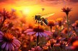 Une abeille en gros plan dans une magnifique prairie de fleurs colorées sous un beau coucher de soleil