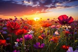Fototapeta  - Un champ de fleurs colorées au printemps sous un magnifique coucher de soleil