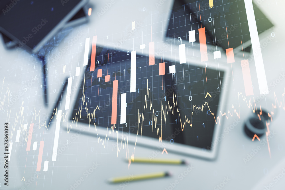 Multi exposure of abstract financial graph with world map and modern ...