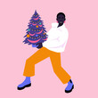 © moremar - An African woman holds a decorated Christmas tree in her hands. Happy New year. Winter holidays and vacations. Vector flat illustration