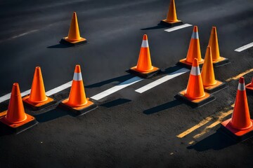 Construction cones marking part of road with a layer of fresh asphalt