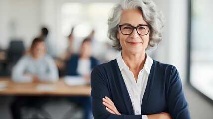 elegant smiling professional senior female company executive leader crossing arms in board room. generative AI