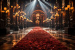 A majestic red carpet leads the way through a grand, opulently lit hall, ready for a glamorous event or ceremony.