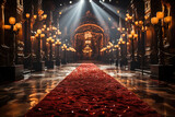 Fototapeta  - A majestic red carpet leads the way through a grand, opulently lit hall, ready for a glamorous event or ceremony.