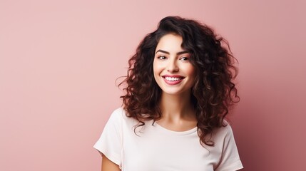 Wall Mural - Portrait of a cheerful young woman wearing pink shirt standing isolated over pink background