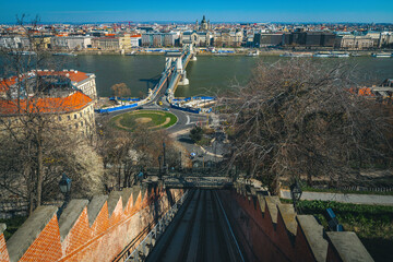 Wall Mural - Buda Castle railway and Chain Bridge on the Danube river