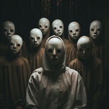 Group Of Creepy People Wearing White Masks
