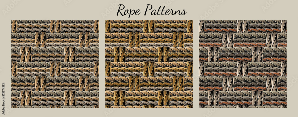 Woven Rug Pattern Set of seamless patterns with dense, tight interwoven ropes. Mat, rug ...