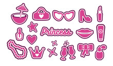 Popular Pink Collection For Girls. Heart, Shoe, Star, Lipstick, Glass, Crown. Logo, Sticker, Individual Elements On A White Background. For Print, Banner, Postcard. Vector Art Illustration. Barbie  