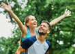 fitness woman man sport exercise together young love active couple piggyback fun healthy fit sport lifestyle running jogging healthy fit workout