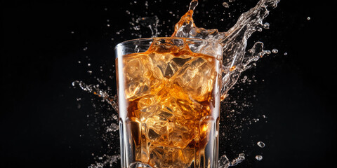 a cracked open energy drink can mid-pour, splashing into a glass with ice, dynamic freeze motion