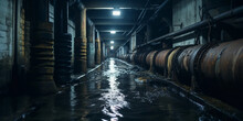 Underground Sewer Pipes, Dark And Grimy, Rats And Murky Water, Harsh Artificial Lighting Casting Ominous Shadows