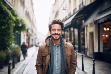 Wall Mural - Portrait of a attractive smiling man standing on the city street in Paris	