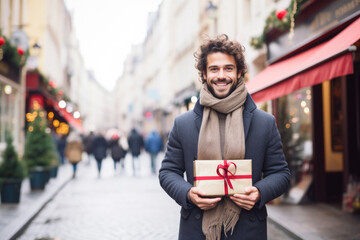 Wall Mural - Young happy smiling man in winter clothes at street Christmas market in Paris. Christmas shopping. concept, holding gift box.