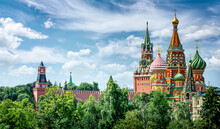 Panoramic View Of Moscow Kremlin And St Basil's Cathedral, Russia. Moscow. The Red Square., Spasskaya Tower Symbol Of Moscow And Russia.