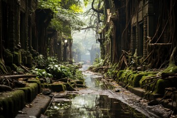 A deserted, overgrown city street with vegetation reclaiming the urban landscape.