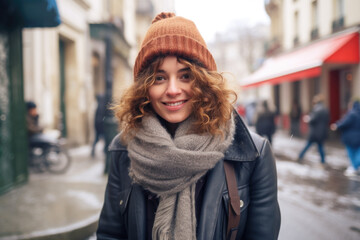 Wall Mural - Portrait of beautiful young happy woman in winter clothes at street Christmas market in Paris. Real people