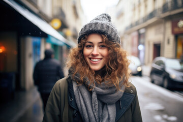 Wall Mural - Portrait of beautiful young happy woman in winter clothes at street Christmas market in Paris. Real people