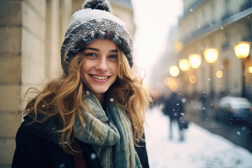 Wall Mural - Portrait of beautiful young happy woman in winter clothes at street Christmas market in Paris. Real people