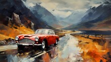 AI Generated Illustration Of A Red Vintage Car Driving Along A Road In Mountains In Watercolor