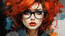  A Digital Painting Of A Woman With Red Hair And Eyeglasses, Wearing A Black Jacket And A Pair Of Black Rimmed Glasses, With Red Hair And Blue Eyes.  Generative Ai