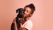 Woman holding a cute dachshund puppy, AI generated