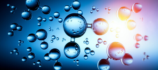 Models of water molecules floating against blue background - H2 scientific element - 3D illustration