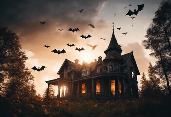 Sticker - AI generated illustration of a spooky Halloween haunted house against the orange sky of dusk