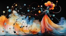  A Painting Of A Woman In A Long Dress With A Bunch Of Balloons On Her Head And Her Hair Blowing In The Wind, With A Black Background Of Multi - Colored Bubbles.  Generative Ai