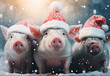 Drei lustige Ferkel mit weihnachtlicher Mütze im Schneegestöber, Schweinemotiv erzeugt mit Generative AI.