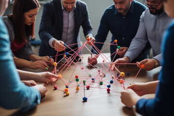 A team-building activity with employees participating in trust exercises, highlighting collaboration and trust, creativity with copy space