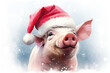 Niedliches Ferkel mit Santa-Claus Mütze in winterlicher Landschaft, lustiges Schweinemotiv erzeugt mit Generative AI.