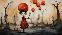  A Painting Of A Girl In A Red Dress Holding A Bunch Of Red Balloons In Front Of A Group Of Bare Trees With Birds Flying Overhead In The Sky In The Background.  Generative Ai