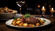 steak meal with potatoes. romantic dinner. generative AI illustration.	