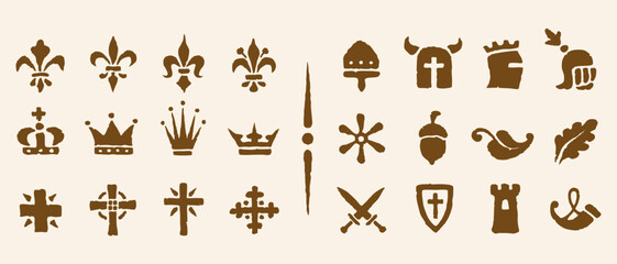 Heraldic symbols in the Romanesque style in the old paper background. Vector set vintage icons of historical Heraldic symbols.