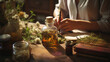 A woman writes a recipe for tinctures. medicinal herbs. Generative AI