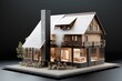 An illustrated 3D rendering of a wooden house frame on a concrete foundation with a fireplace and chimney, showcased in a detailed plastic layout setting. Generative AI