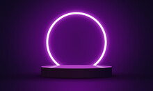 Empty Podium With Line Gradient Neon Ring On Background. Vector 3d Render. Illustration With Abstract Scene With Pink And Purple Neon Frame. Minimal Stage With Vibrant Glow Circle Led Lamp