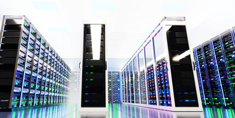 Modern server room, corridor in data centre with Supercomputer racks, neon lights and conditioners. 3D rendering illustration