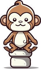 Monkey sitting on stone cartoon character vector illustration. Funny animal.