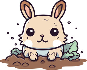 Wall Mural - Cute bunny peeking out of the ground. Vector illustration.