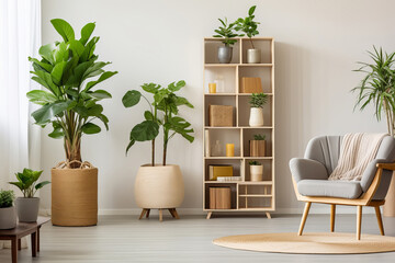 Wall Mural - Minimal living room with indoor plants. Bright authentic home interior. Home gardening and biophilic design