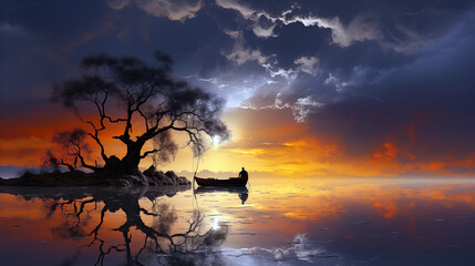 Wall Mural - Fantasy landscape with a lonely tree and a fisherman on a boat.