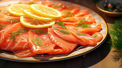 Wall Mural - Slices of smoked salmon on a plate with dill and lemon