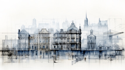 Beautiful blue print  of a new building complex on riverside, government, social building type 