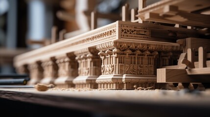 Canvas Print - A model of a building with wooden columns, AI