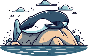 Cartoon killer whale on the rock in the sea. Vector illustration