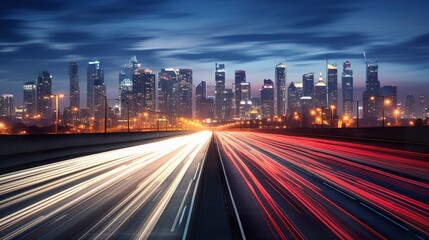 Wall Mural - big city skyline and traffic lights blurred motion, skyscrapers and highway light trails at rush hour