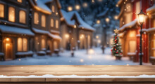 Christmas Table In The City. Empty Wooden Table Top With Blurry Christmas Town And Snowfall Background. Christmas Holiday Background.