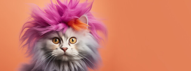 Wall Mural - cat with crazy hairstyle on a bright background. creative concept for pet grooming salon. copy space